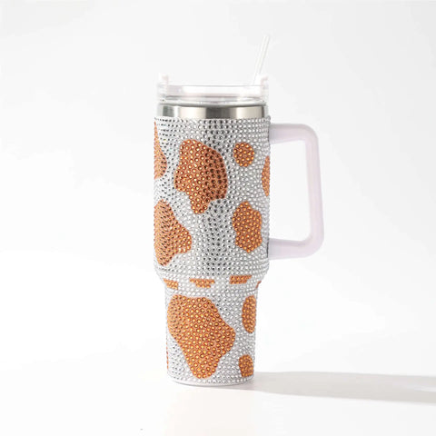 40oz Diamond Handle Tumbler Cow Leopard Printed Modern Tumbler Insulated Cup Reusable Stainless Steel Water Bottle Travel Mug