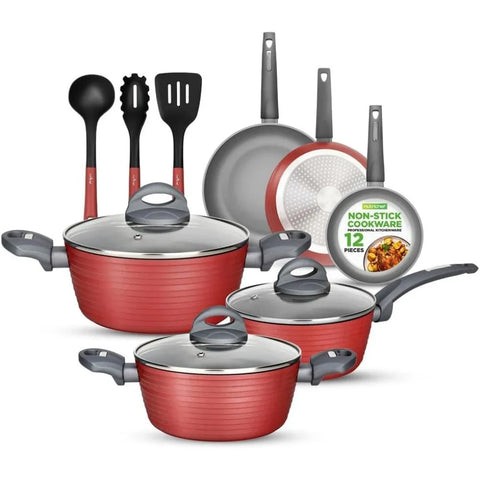 Professional 12-Piece Red Nonstick Cookware - PFOA/PFOS-Free, Heat Resistant Lacquer, Elegant Design, Multi-Sized Pots and Pans