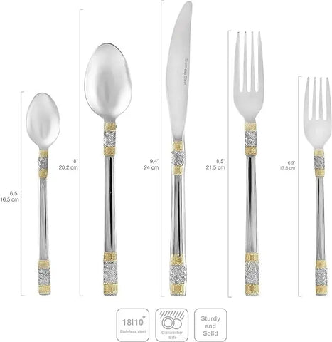 18/10 Flatware Service for 12-75 Piece Stainless Steel  Polished Cutlery with Gold Accents 3 Piece Hostess Serving Ensemble