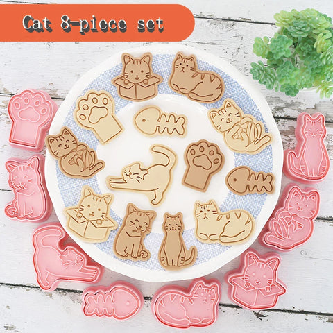 8Pcs/set Cat Cookie Cutters Plastic 3D Cartoon Pressable Biscuit Mold Cookie Stamp Kitchen Baking Pastry Bakeware Tool