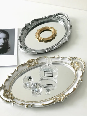 European Decorative Plate Storage Tray Oval  Jewelry Display Rotary Mirror  Candy Decor  Make Up