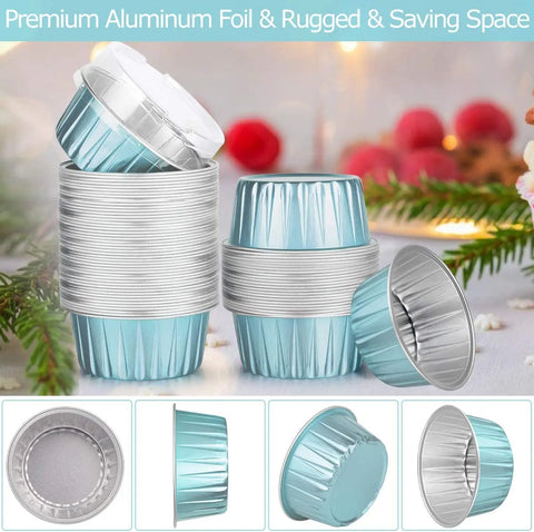 50Pcs Ramekins with Lids, 5oz Aluminum Foil Baking Cups Cupcake Muffin Liners Pudding Dessert Cups for Wedding Birthday