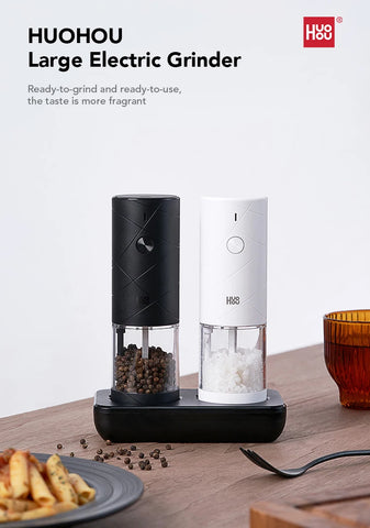 NEW Huohou Electric Grinder Pepper Seasonings Spices Grain Mill Salt Shaker LED Light 6 Modes Kitchen Cooking Tool 2pcs Set