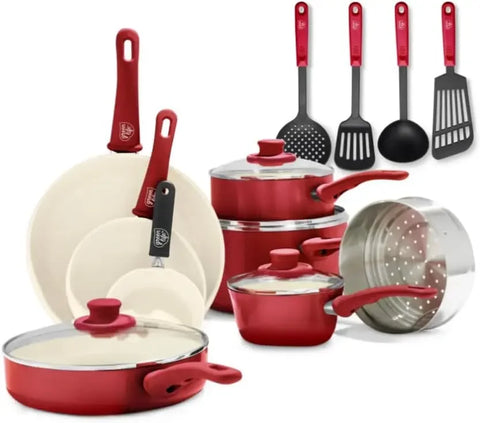 Soft Grip Healthy Ceramic Nonstick 16 Piece Kitchen Cookware Pots and Frying Sauce Pans Set, PFAS-Free, Dishwasher Safe, Red