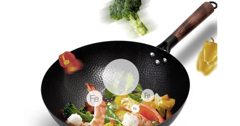 Carbon Steel Wok Pan 32cm Stir Fry Wok Set with Wooden Lid Non-Stick Flat Bottom Frying Pan for Electric Induction and Gas Stove