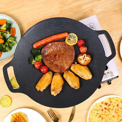 Non-Stick Roasting Korean BBQ Round Pan Cast Iron Double Handled Crepe Pan Round Griddle Grill Pan for BBQ Griddle with Handle