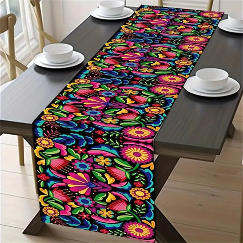 1pc, Table Runner, Festive Mexican Style Table Runner, Polyester Vibrant Day Of The Dead Design, Colorful Home & Party Decor