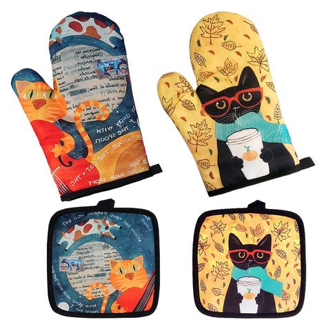 Blue Cat Pattern Microwave Glove Cute Baking Gloves and Mat Polyester Oven Mitt Insulation Potholder Kitchen Tools Accessories