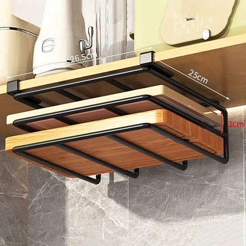 Kitchen Hanging Organizer Rack with Hooks Under Cupboard Paper Towel Rags Hanger Cutting Board Pot Cover Holder Storage Shelf