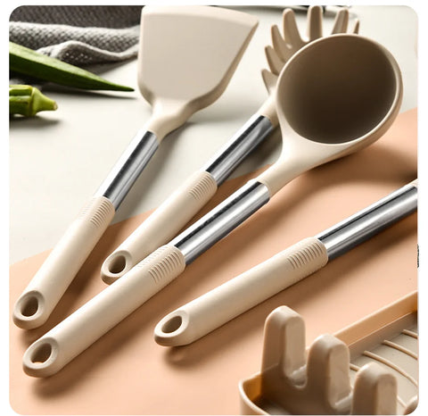 13 PCS Silicone Kitchen Utensil Set Stainless Steel Handle Kitchen Cooking Baking Tools Kitchenware Accessories Storage Bucket