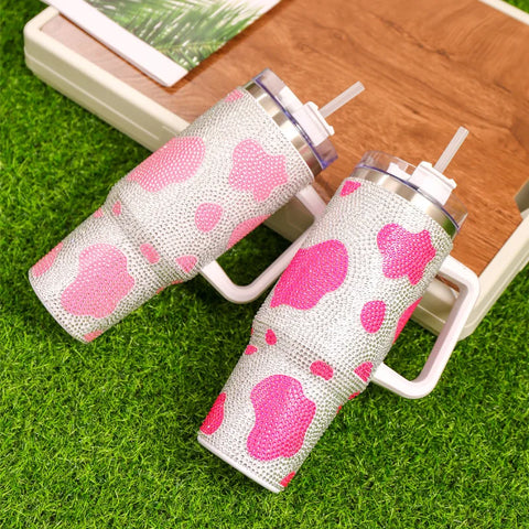 40oz Diamond Handle Tumbler Cow Leopard Printed Modern Tumbler Insulated Cup Reusable Stainless Steel Water Bottle Travel Mug