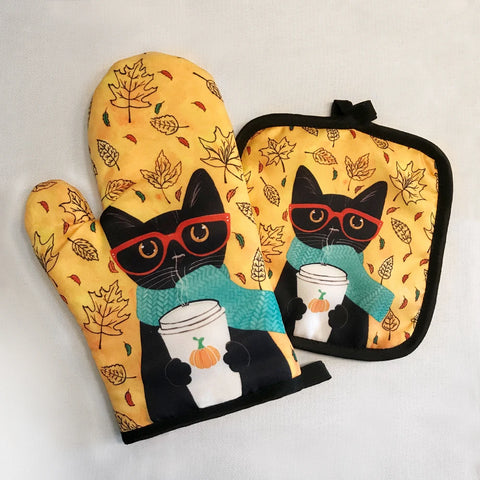 Blue Cat Pattern Microwave Glove Cute Baking Gloves and Mat Polyester Oven Mitt Insulation Potholder Kitchen Tools Accessories