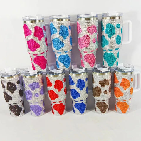 40oz Diamond Handle Tumbler Cow Leopard Printed Modern Tumbler Insulated Cup Reusable Stainless Steel Water Bottle Travel Mug