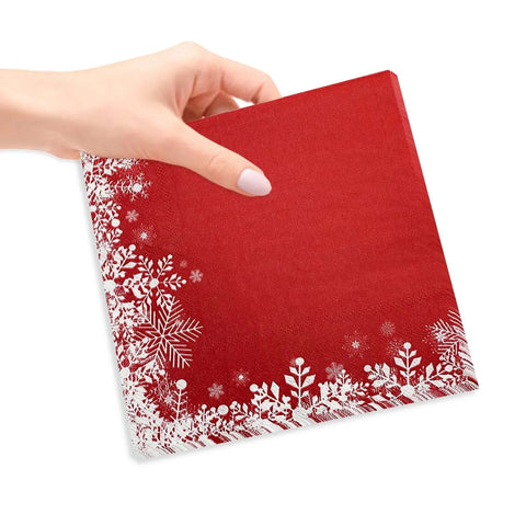 100PCS Red Snowflake Paper Napkins 33x33cm 2-Ply Snowflakes Flower Disposable Paper Towels For 2024 Xmas Party Table Decoration