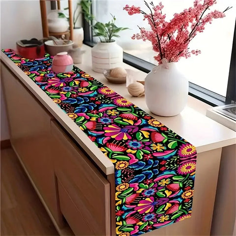 1pc, Table Runner, Festive Mexican Style Table Runner, Polyester Vibrant Day Of The Dead Design, Colorful Home & Party Decor