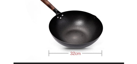 Carbon Steel Wok Pan 32cm Stir Fry Wok Set with Wooden Lid Non-Stick Flat Bottom Frying Pan for Electric Induction and Gas Stove