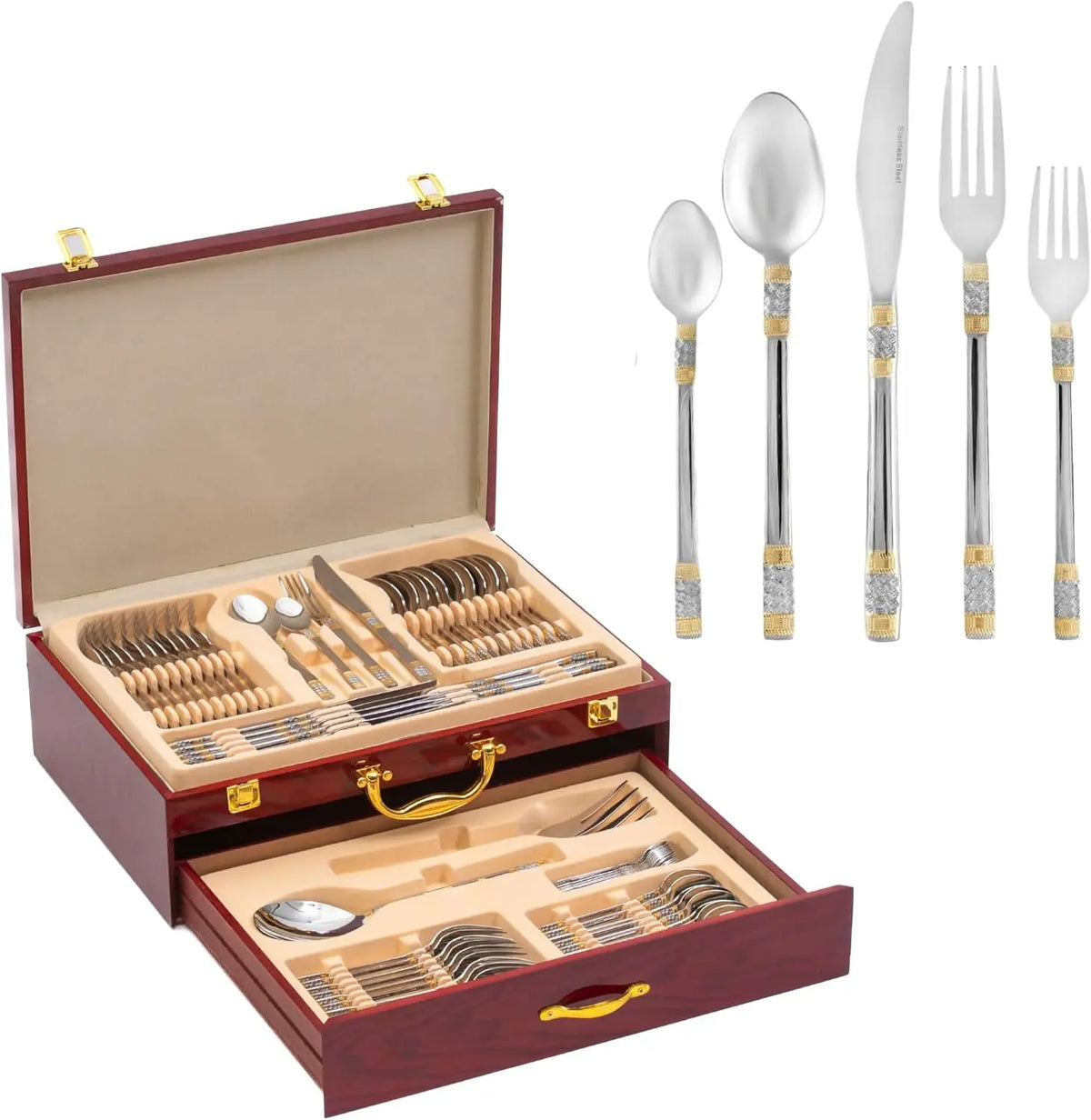 18/10 Flatware Service for 12-75 Piece Stainless Steel  Polished Cutlery with Gold Accents 3 Piece Hostess Serving Ensemble