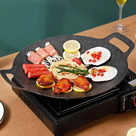 Non-Stick Roasting Korean BBQ Round Pan Cast Iron Double Handled Crepe Pan Round Griddle Grill Pan for BBQ Griddle with Handle