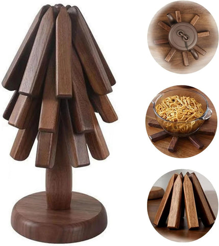 4PCS Wooden Trivets for Hot Dishes Folding Tree Shape Black Walnut Table Mat Holders Heat Insulated Pad Set Coasters for Pots