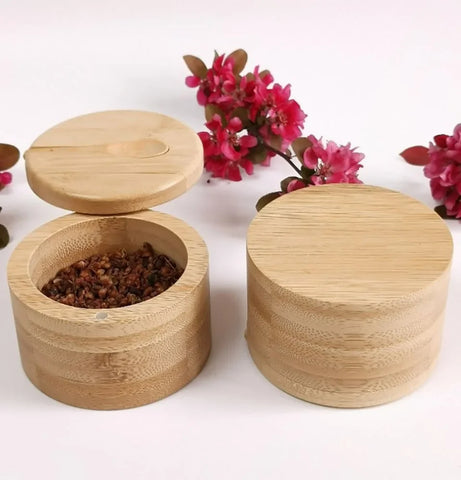 Natural Bamboo Salt & Pepper Condiment Set with Magnetic Lid Elegant Wooden Salt Pepper Jars Sugar Container Spice Storage Pot