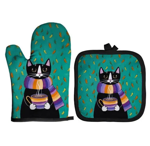 Blue Cat Pattern Microwave Glove Cute Baking Gloves and Mat Polyester Oven Mitt Insulation Potholder Kitchen Tools Accessories