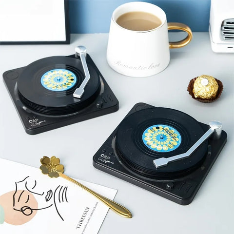 6PCS Retro Vinyl Record Coaster Set with Storage Rack - Heat-resistant, CD Shaped Beverage Mat Suitable for Coffee and Tea Cups