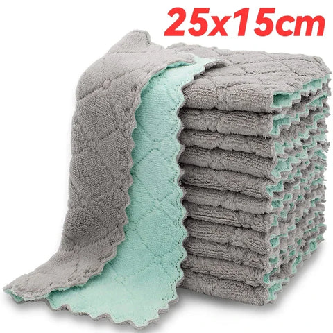 12/1pcs Double-layer Microfiber Towel Super Absorbent Coral Fleece Cleaning Cloths Kitchen Non-stick Oil Dishcloths Scouring Rag