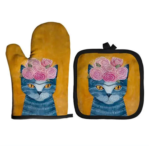 Blue Cat Pattern Microwave Glove Cute Baking Gloves and Mat Polyester Oven Mitt Insulation Potholder Kitchen Tools Accessories