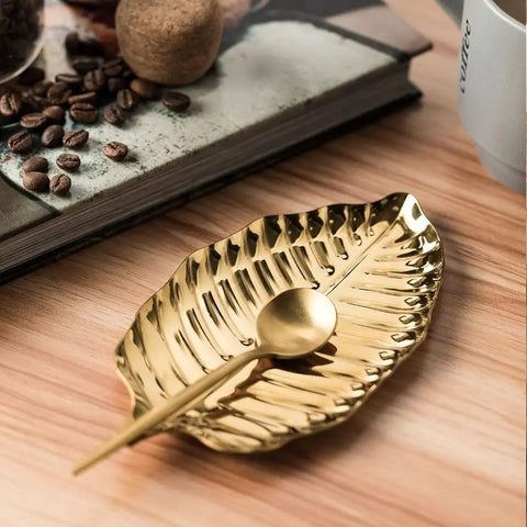 2 pcs New Stainless Steel Spoon Rest Golden，Silver Leaf Shape Utensil Holder Kitchen Decorative Tray Kitchen