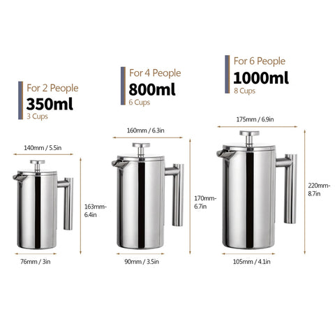 350ml/800ml/1000ml Coffee Maker Pot French Press Coffee Maker Stainless Steel Double Walled Insulated Coffee Maker Pot