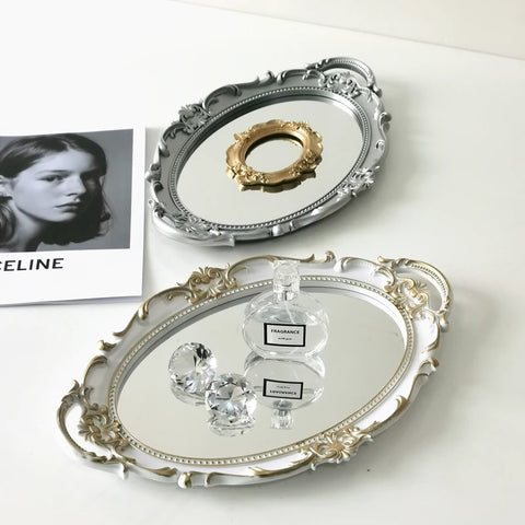 European Decorative Plate Storage Tray Oval  Jewelry Display Rotary Mirror  Candy Decor  Make Up