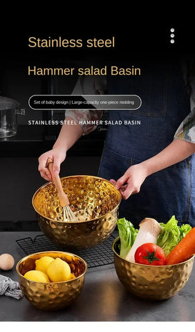 Gold/Silver Stainless Steel Hammer Point Fruit Bowl Salad Plate Egg Pot Thickened Baking Mixing Cooking Bowl Creative Decoration