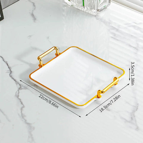 Serving Tray with Handles Food Tray Rectangle Plate Easy to Clean Platter Cosmetic Tray Gold Rim Decorative Tray for Parties