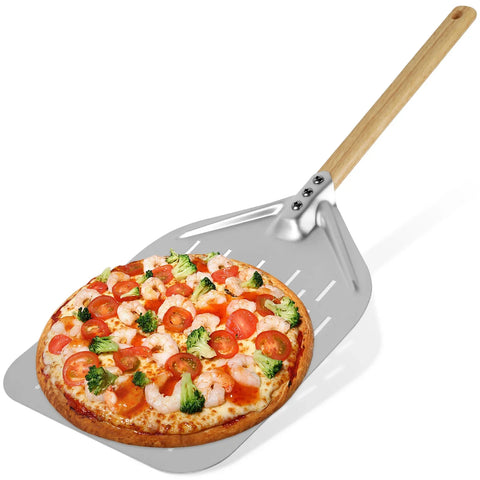 12inch Aluminium Alloy Pizza Shovel with Wood Handle Non-Stick Perforated Pizza Shovel Lightweight Pizza Peel Shovel Baking Tool