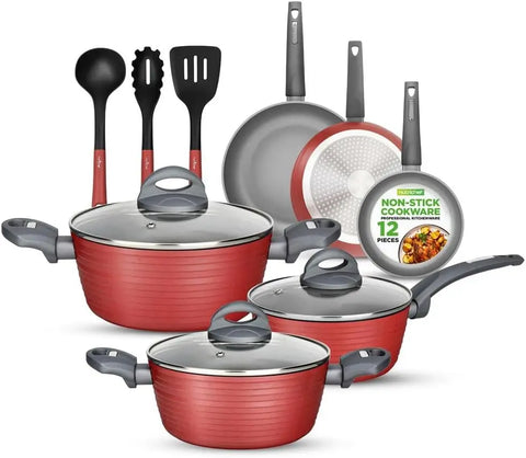 Professional 12-Piece Red Nonstick Cookware - PFOA/PFOS-Free, Heat Resistant Lacquer, Elegant Design, Multi-Sized Pots and Pans