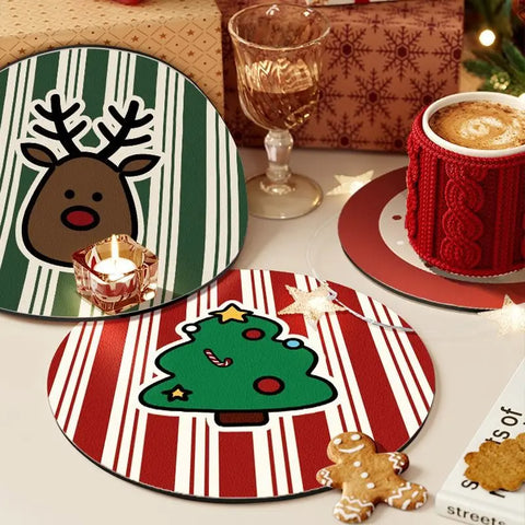 Christmas Style Coasters Tabletop Tea Cups Absorbent Pads Bowl Plates Circular Placemats Drain Christmas Party Accessories