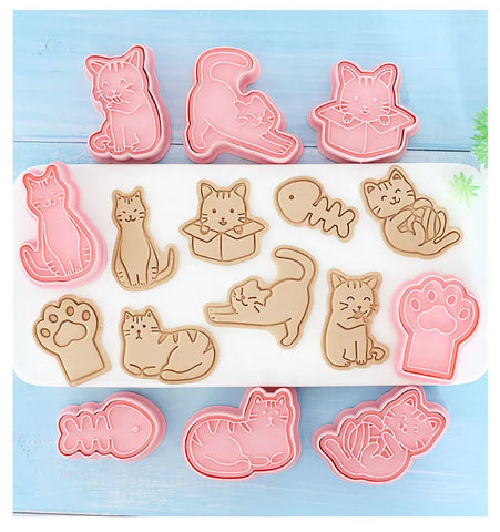 8Pcs/set Cat Cookie Cutters Plastic 3D Cartoon Pressable Biscuit Mold Cookie Stamp Kitchen Baking Pastry Bakeware Tool