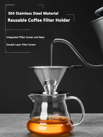 Reusable Double Layer Stainless Steel Coffee Filter with Stand Holder, Pour Over Coffees Dripper Mesh Coffee Tea Filter Basket