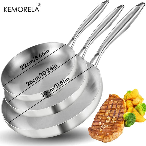 2/3PCS Frying Pan 22/24/26/28CM 304 Stainless Steel 2MM Thick Wok Pan 5 Ply Steel Food Grade Non-Stick Pans for Cooking Pot