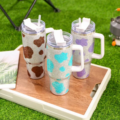 40oz Diamond Handle Tumbler Cow Leopard Printed Modern Tumbler Insulated Cup Reusable Stainless Steel Water Bottle Travel Mug