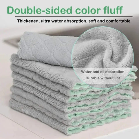 12/1pcs Double-layer Microfiber Towel Super Absorbent Coral Fleece Cleaning Cloths Kitchen Non-stick Oil Dishcloths Scouring Rag