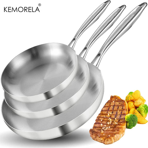 2/3PCS Frying Pan 22/24/26/28CM 304 Stainless Steel 2MM Thick Wok Pan 5 Ply Steel Food Grade Non-Stick Pans for Cooking Pot