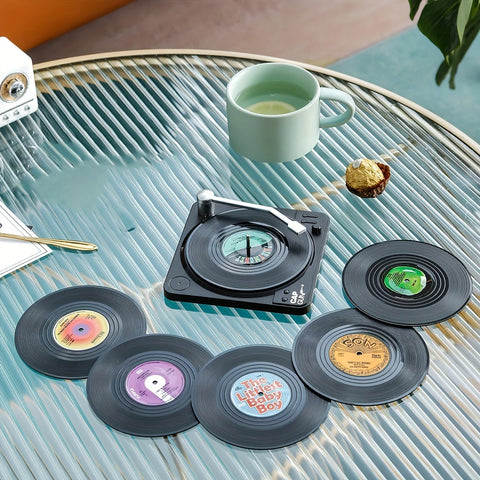 6PCS Retro Vinyl Record Coaster Set with Storage Rack - Heat-resistant, CD Shaped Beverage Mat Suitable for Coffee and Tea Cups