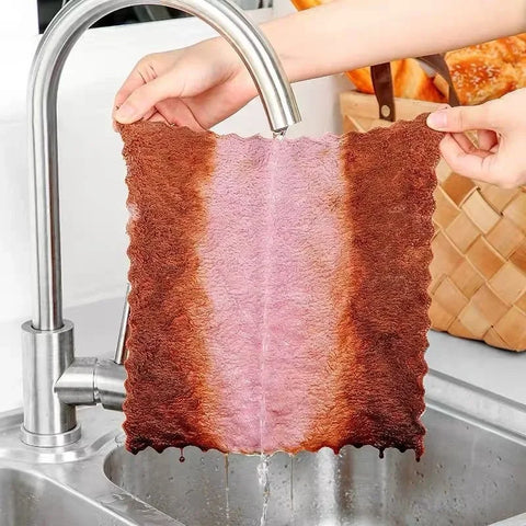 12/1pcs Double-layer Microfiber Towel Super Absorbent Coral Fleece Cleaning Cloths Kitchen Non-stick Oil Dishcloths Scouring Rag