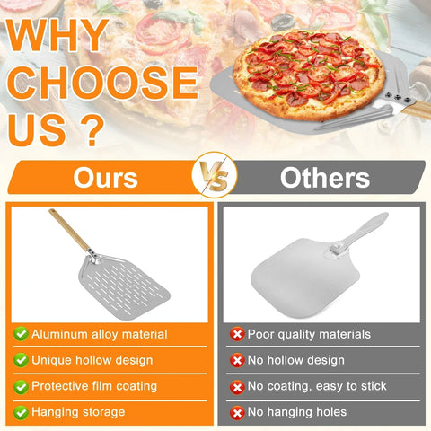 12inch Aluminium Alloy Pizza Shovel with Wood Handle Non-Stick Perforated Pizza Shovel Lightweight Pizza Peel Shovel Baking Tool