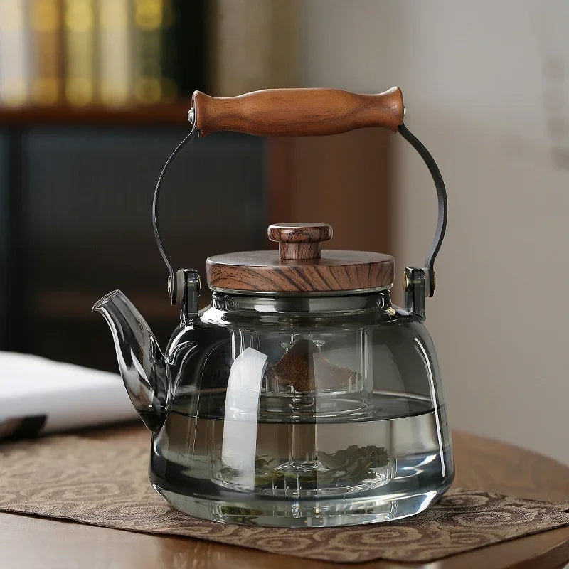 Walnut Handle Glass Teapot Household High Borosilicate Tea Infuser Steaming Integrated Flower Teapot Can Heat The Kettle