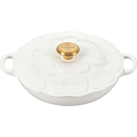 Enameled Cast Iron Petal Braiser, 2.25qt. White Dutch Ovens Pots and Pans, Gold Knob