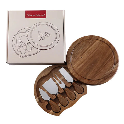 Cheese Board and Knife Set Serving Tray Cheese Cutting Board Acacia wood Round Charcuterie Board With Gift Box
