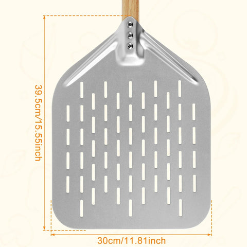 12inch Aluminium Alloy Pizza Shovel with Wood Handle Non-Stick Perforated Pizza Shovel Lightweight Pizza Peel Shovel Baking Tool