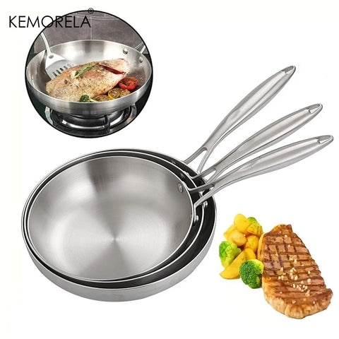 2/3PCS Frying Pan 22/24/26/28CM 304 Stainless Steel 2MM Thick Wok Pan 5 Ply Steel Food Grade Non-Stick Pans for Cooking Pot